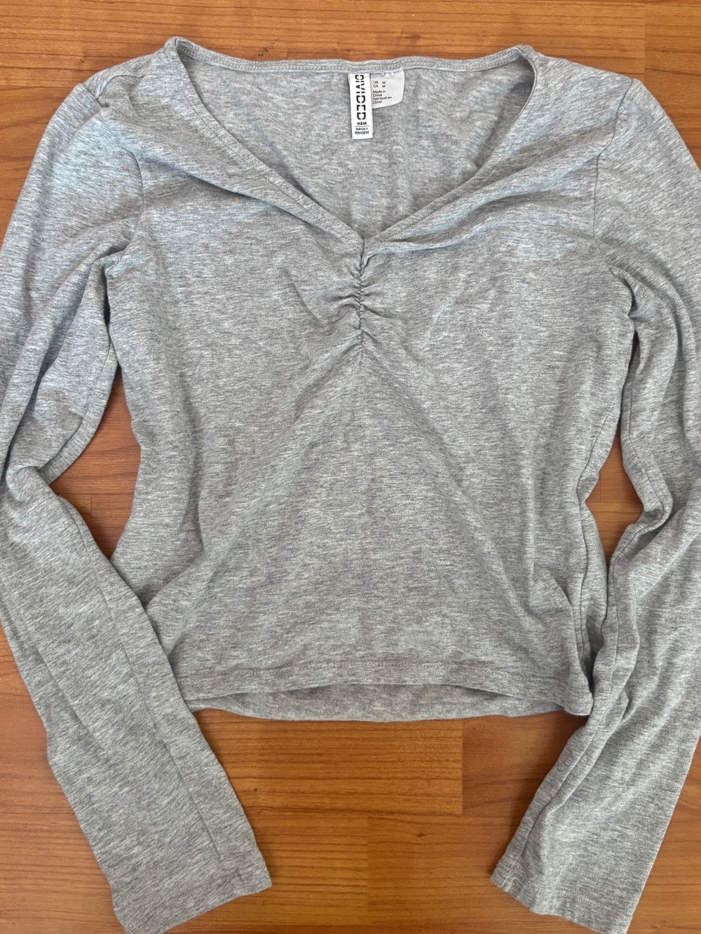 Long Sleeve Heather Grey Basic Ruched V-Neck Cotton Top